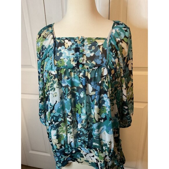 A.N.A. Sheer Floral Blue Green White Blouse Top Size Medium - Picture 2 of 6